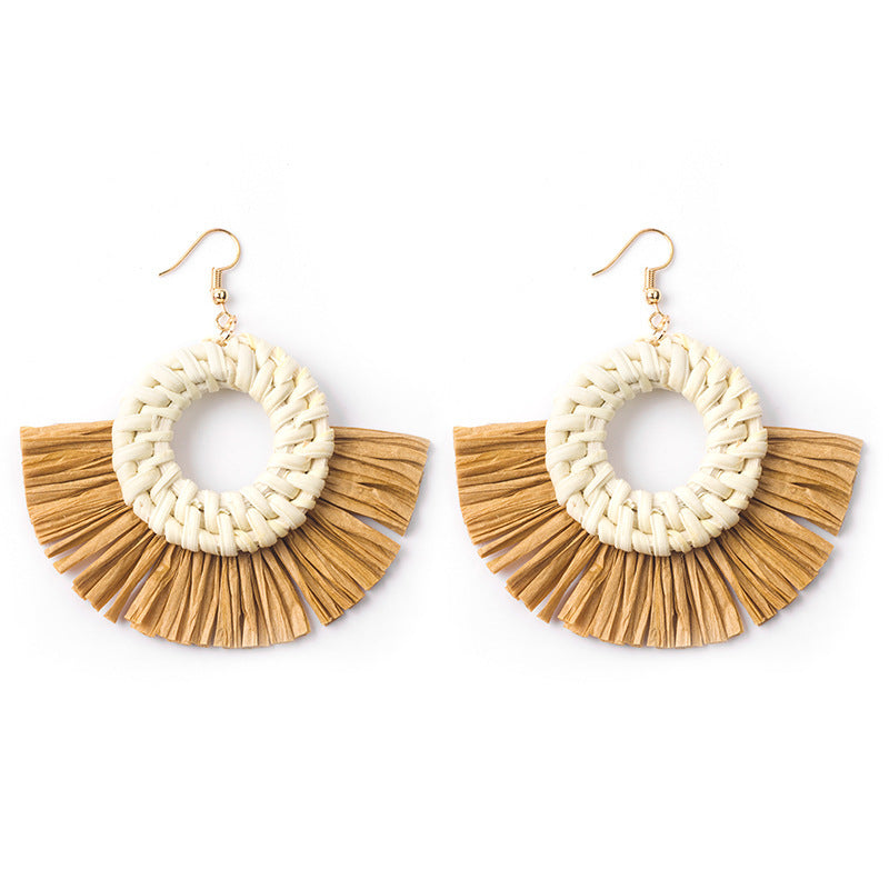 Wholesale Hand-woven Geometric Rattan Raffia Fan Earrings